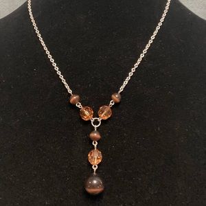 Beaded Brown Tear Drop Silver Necklace